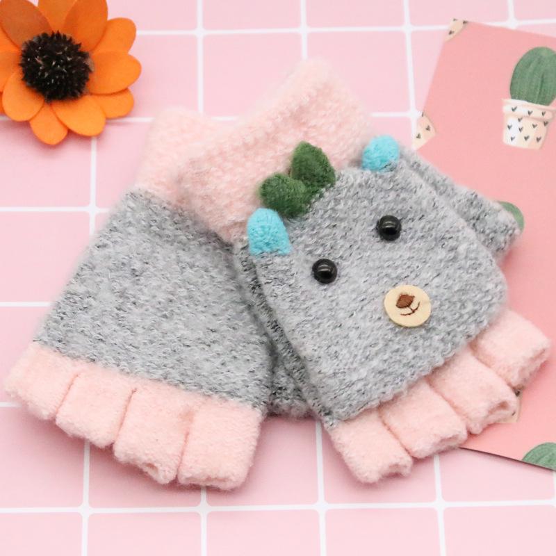 Детские зимние варежки без пальцев с мультяшным котенком - Теплые, милые, вязаные под кашемир для учеников начальной школы