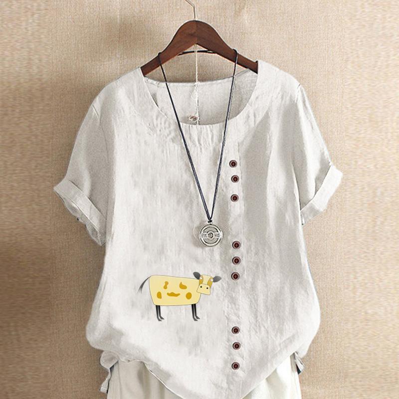 Women's New Fashion Linen Shirt Round Neck Short Sleeve Cattle Printed T-shirt Summer Ladies Casual Plus Size Blouse Tops