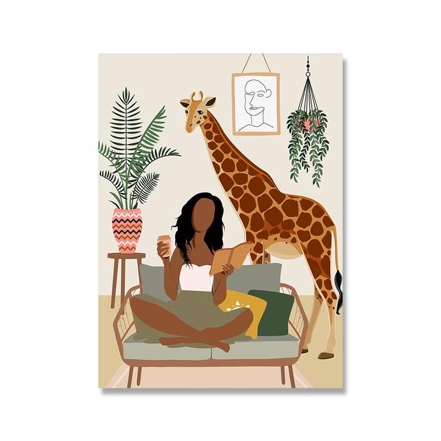 Рамка из цельного дерева Афро-Американский женский принт в стиле бохо Черная девушка Плакат Джунгли Леди Холст Картина Растение Animail Настенная картина Декор в гостиную
