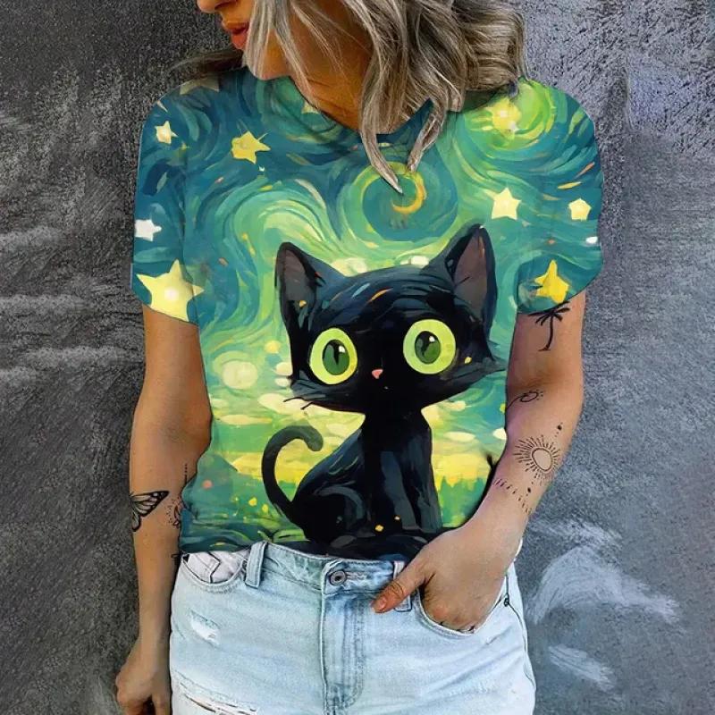 Cute Cat Print High Quality Short Sleeve Street Fashion Loose Round Neck T-shirt Summer New Casual Comfortable Women's T-shirt