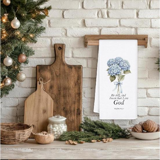 Hydrangea Christian Hand Towels for Bathroom, Blue and White Floral Kitchen Towels, Blue Hydrangea Dish Tea Towels for Kitchen, Christian Gift, 16x24
