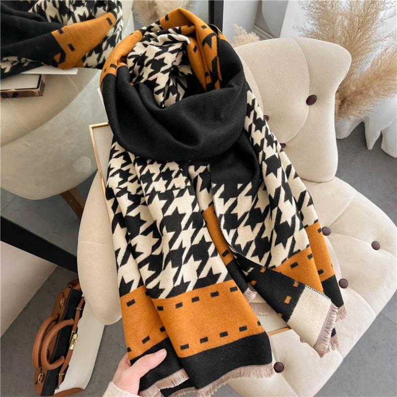 Autumn and Winter New Color Matching Thousand Bird Grid Fashion Thickened Warm Scarf Imitation Cashmere Student Scarf Large Shawl