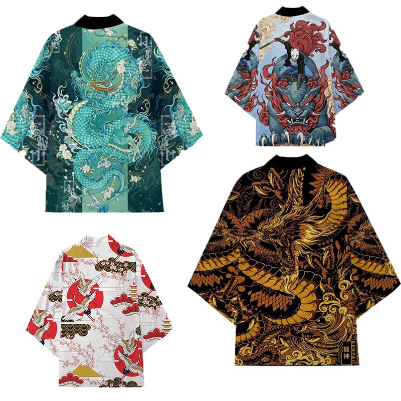 Fashion Anime Dragon Print Cardigan Kimono Harajuku Women Men Yukata Female Japanese Streetwear Traditional Cosplay Haori