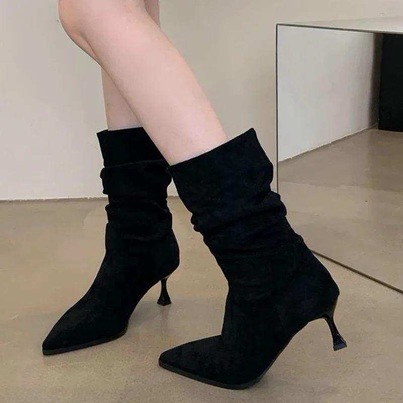 Женские замшевые остроносые ботинки челси, женские сексуальные ботинки до середины голени, новые зимние туфли на каблуках, роскошные туфли-лодочки для вечеринок, модная готическая обувь