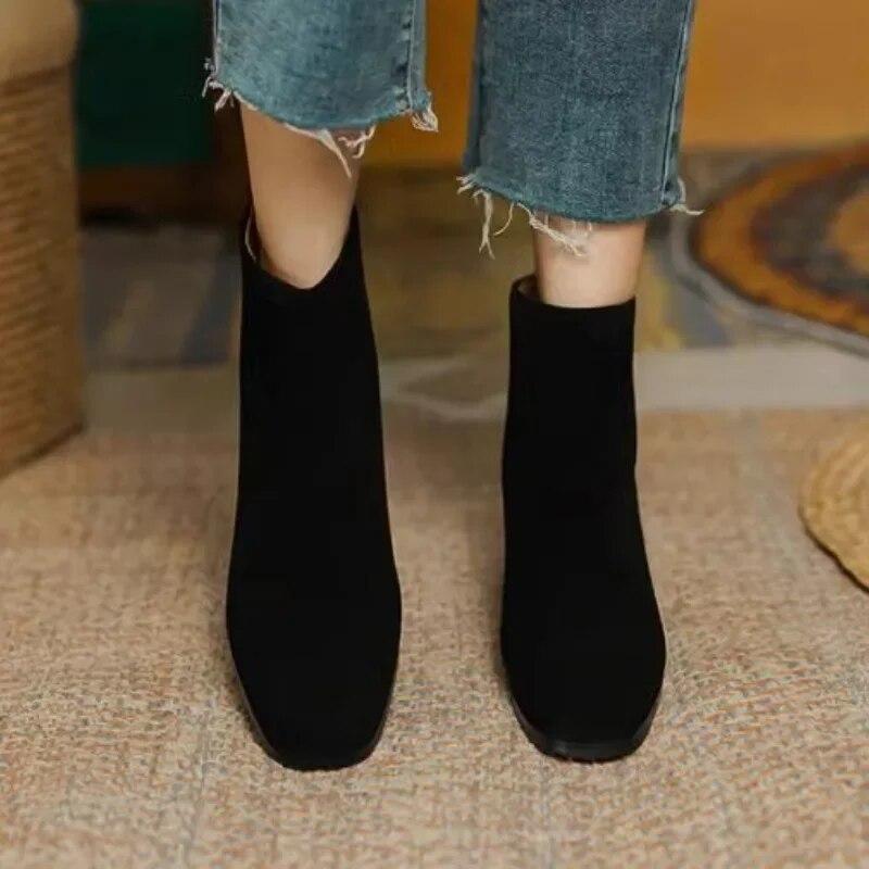 Women Boots Square Toe Chunky Heel Women Shoes Ankle Boots for Women Winter Platform Suede Shoes