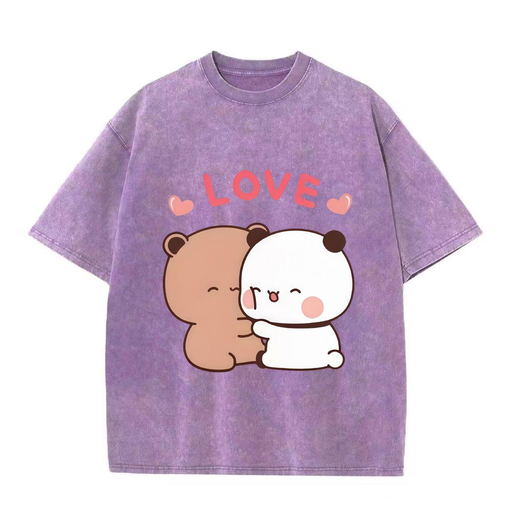 Bubu Dudu Kawaii Clothing Women Couple T-shirt Retro Washed Vintage Panda Bear Cute Cartoon Women T-shirt