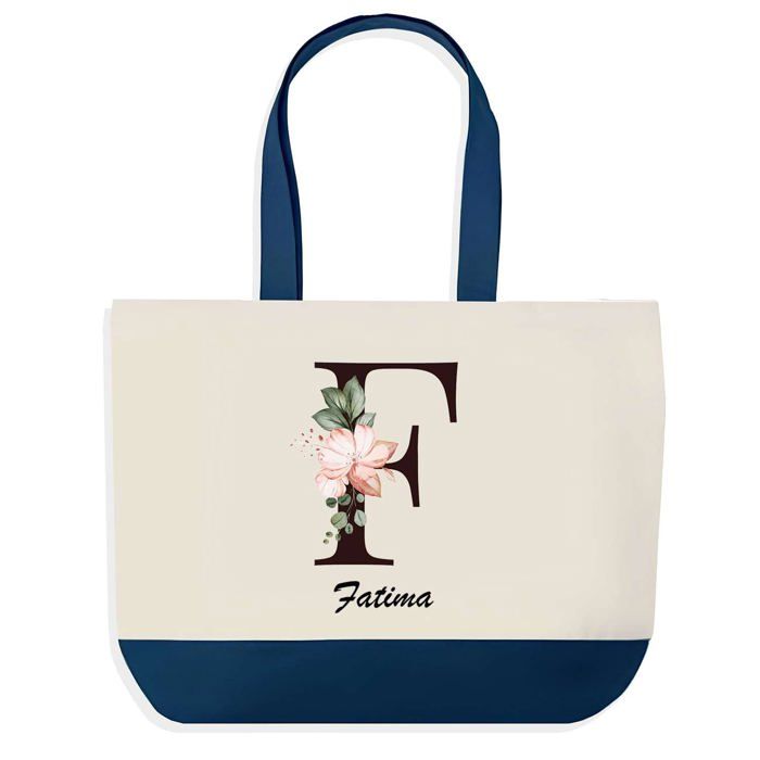 Tote bag - PLANETEE - Fatima Lettre Fleur - Bleu - Coton - 40x45 cm