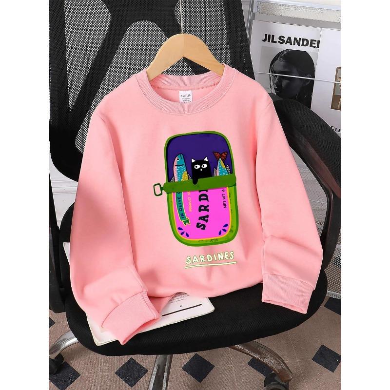 European sizes Hoodie for Kids with a Round Neck - Sardines in Olive Oil Featuring a Cat, Perfect for Sports And Casual Outings, Soft And Comfy
