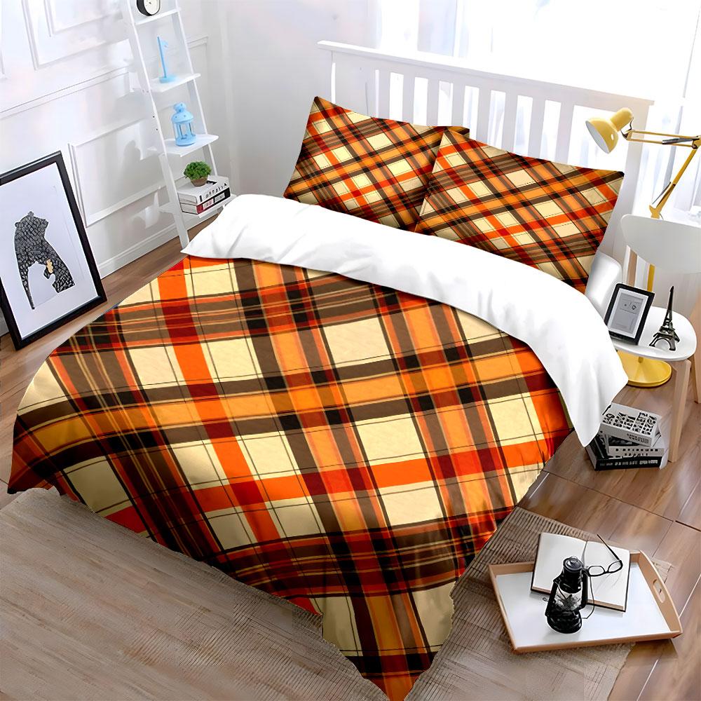 3Pcs Autumn Plaid Bedding Set, Warm Orange and Brown Tartan Print Duvet Cover + 2 Pillowcases, Fall Season Decor