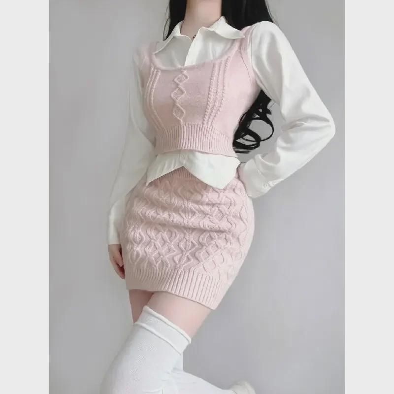Women's Korean-Style Three-Piece Suit: Layered Sweater Vest + Hip Skirt Spring Outfit