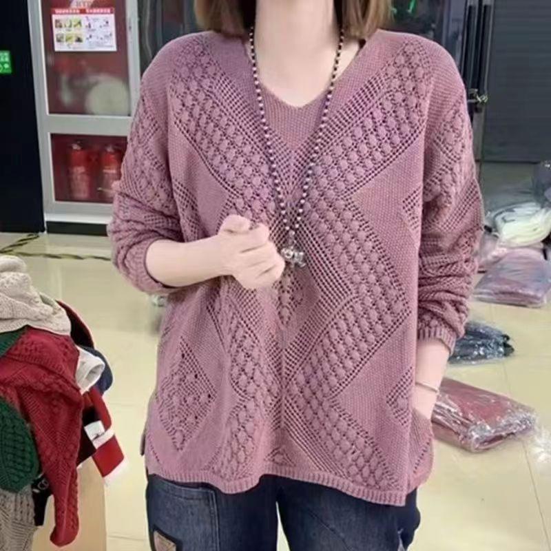 Spring and Autumn Fashion Wisp Knitted Sweater V-neck Solid Color Simple and Versatile Loose Long-sleeved Thin Top Women