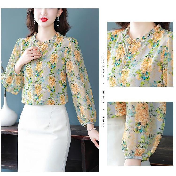 Women's Floral Chiffon Shirt Fashion New Early Spring Top with Nine Quarter Sleeves Loose Top