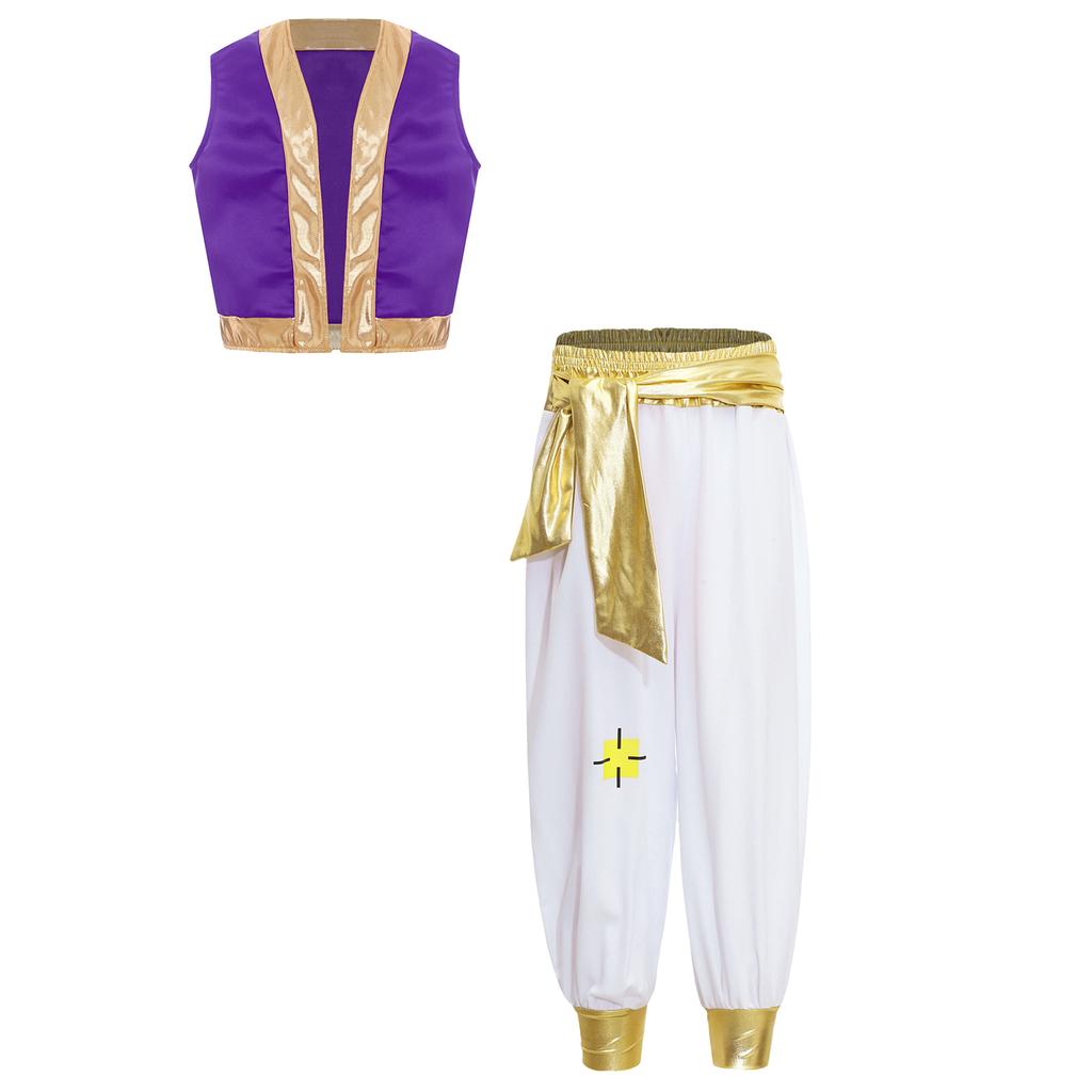 Mythical Cosplay Outfits Arabian Prince Kings Costume Halloween Roleplay Outfit Trim Waistcoat with Belted Pants