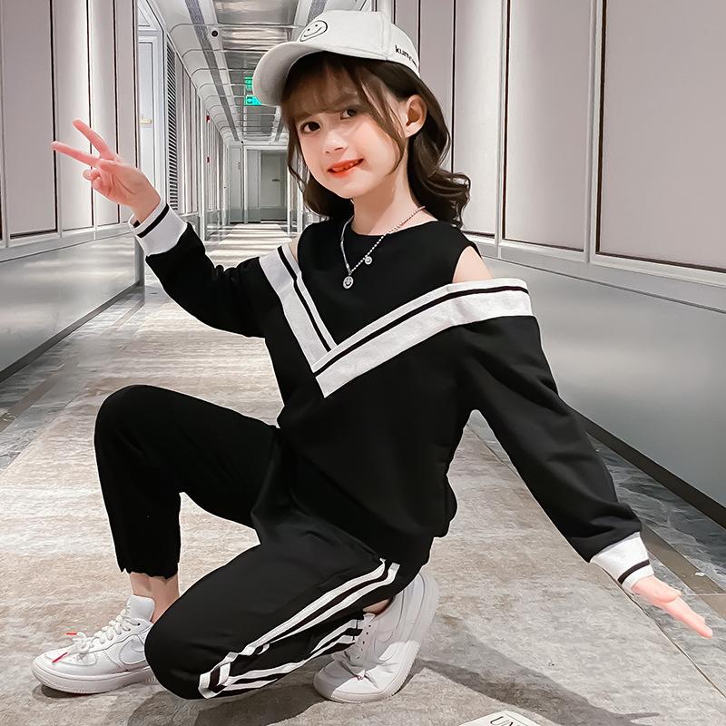 Детская одежда для девочек: спортивный костюм из двух предметов с длинными рукавами и брюки, весенне-осенняя детская одежда