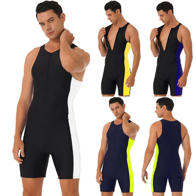 Men One-piece Swimwear Sleeveless Front Zipper Shorts Bodysuit Wetsuit for Beach Pool Swimming Bathing