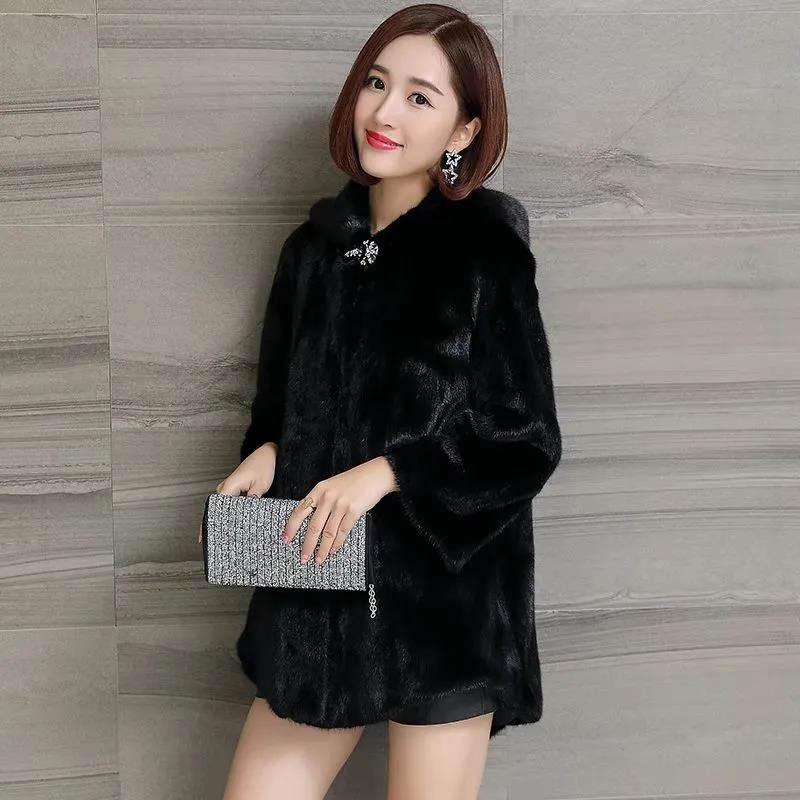 Faux Mink Coat Women's Mid-length Autumn and Winter Thick Plus Size Hooded Fur Coat Women Are Thin