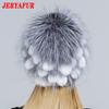 JERYAFUR Женская шапка из натурального меха норки, помпон из лисы, цветы кролика, стильная теплая модная зимняя шапка из натурального меха для девочек, вязаная