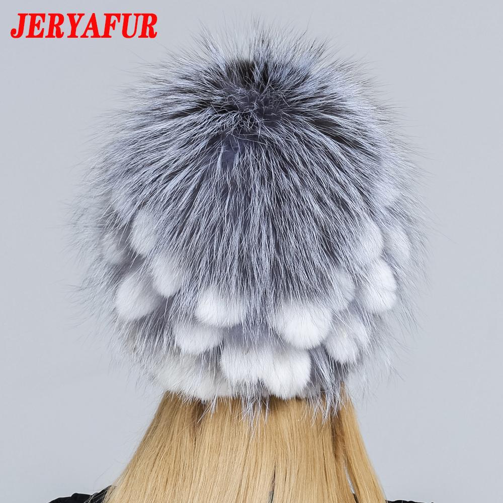 JERYAFUR Женская шапка из натурального меха норки, помпон из лисы, цветы кролика, стильная теплая модная зимняя шапка из натурального меха для девочек, вязаная