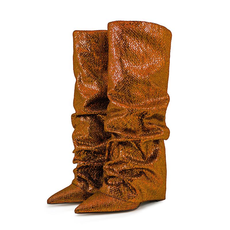 Женские высокие сапоги с принтом крокодила, с острым носком, леопардовым принтом, на танкетке, в стиле ретро, слипоны, с голенищем до колена, плиссированные