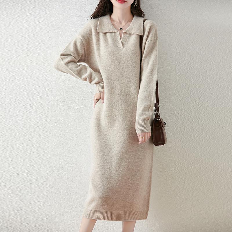 Женское платье-свитер 100% шерсть MODERN NEW SAGA V-образный вырез трикотажный длинный пуловер воротник поло зимние джемперы шерстяное длинное платье женское