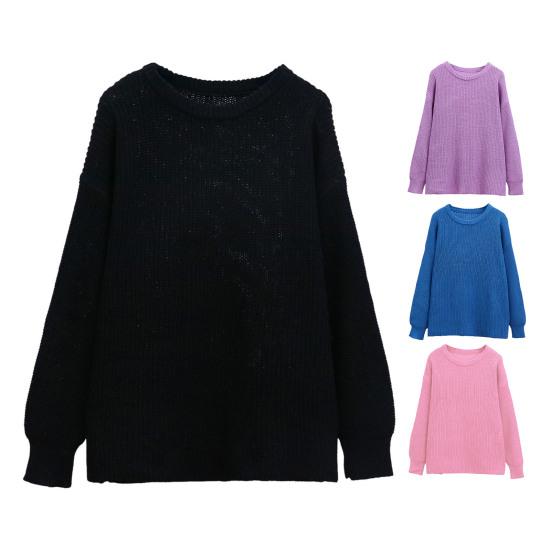 Женский пуловер с круглым вырезом, длинными рукавами, из эластичной ткани, вязаный топ, однотонный, свободного кроя