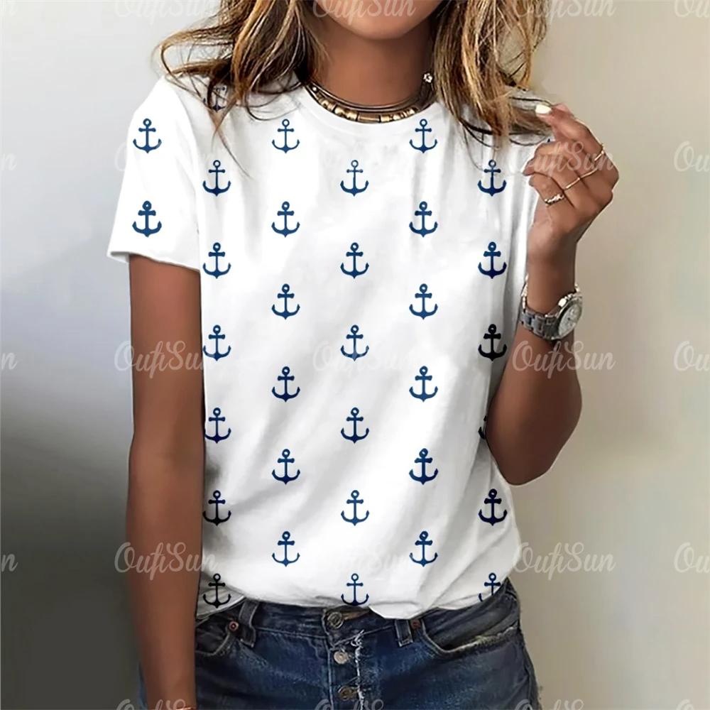 Новый стиль, футболка для женщин, топ с 3D принтом «Якорь», летние футболки большого размера для женской одежды, женская мода с круглым вырезом, большие размеры