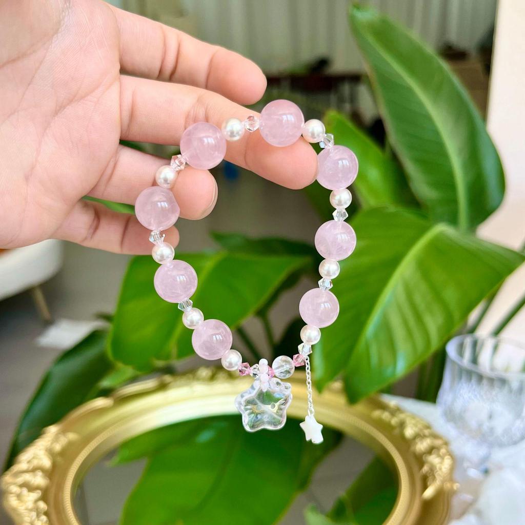 Original Design 12mm Natural Rose Quartz Peach Blossom Star Beaded Bracelet