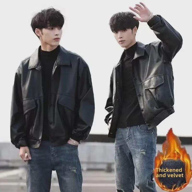 Мужская свободная кожаная мотоциклетная куртка в корейском стиле - пилотный дизайн для весны и осени