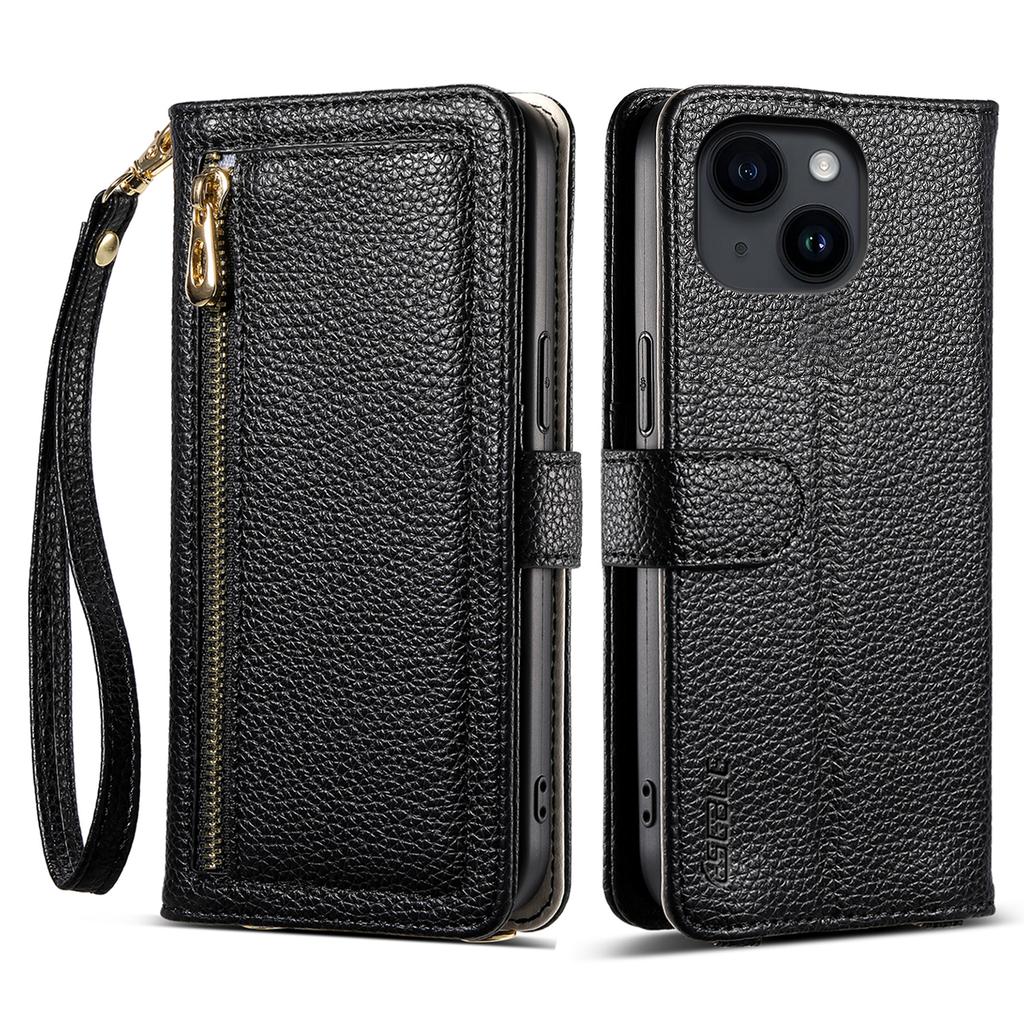 ESEBLE E11 For iPhone 15 Plus/14 Plus Case Zipper Pocket Litchi Texture Leather Phone Cover with Mirror and Wrist Strap
