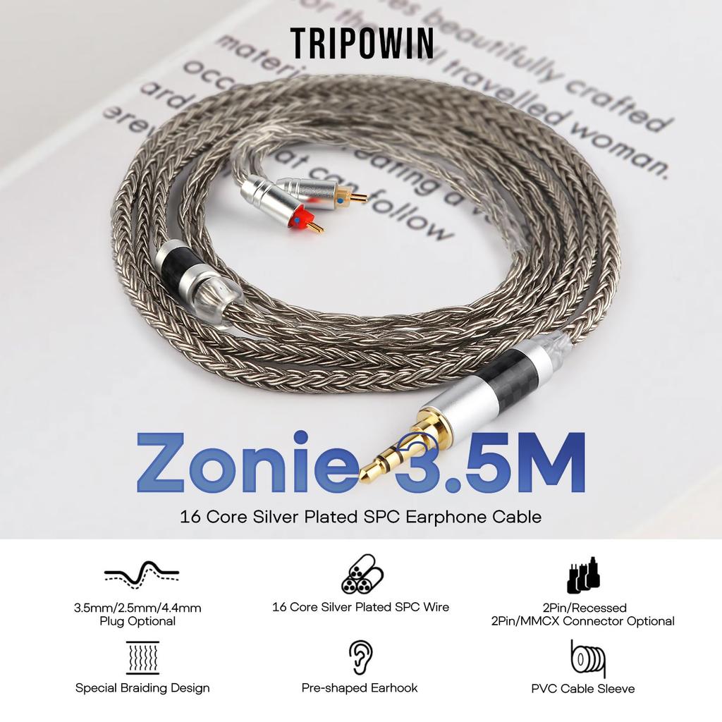 Linsoul Tripowin Zonie 16-Core Silver-Plated IEM Cable, SPC Earphone Cable for BL03 TRN V90 V80 AS10 ZS10 ZS6 ES4 ZST ZSR IEMs (2-Pin to 0.78mm,