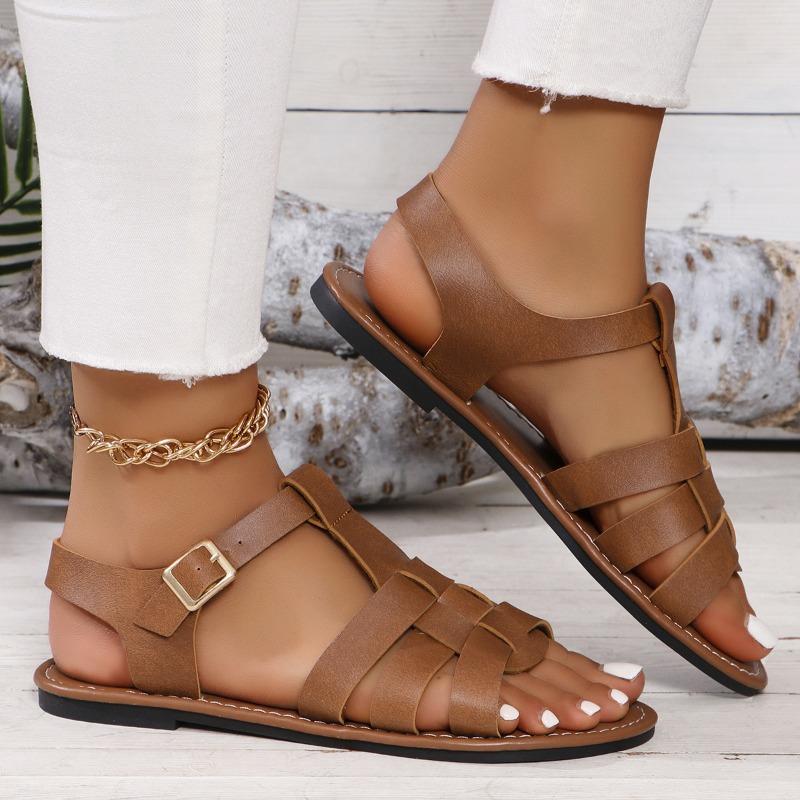 Большие размеры сандалии с пряжкой на ремне и плоским дном, однотонные пляжные сандалии, тапочки