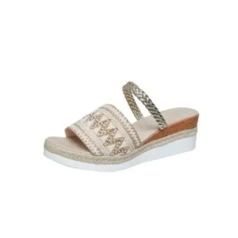 Модные летние женские тапочки, пляжные сандалии, бохо, этнический стиль, эспадрильи ручной работы, тапочки на платформе, шлепанцы для женщин