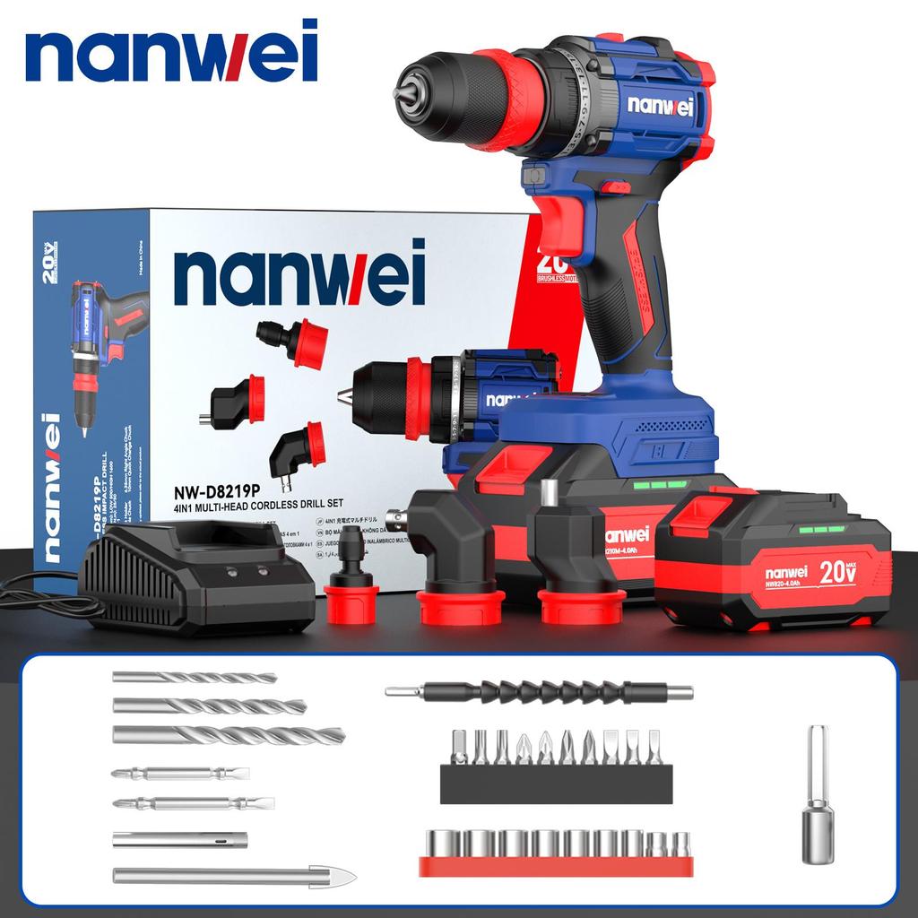 NANWEI Электрическая отвертка 4-в-1 50 Нм с несколькими головками, бесщеточным двигателем, 20 В