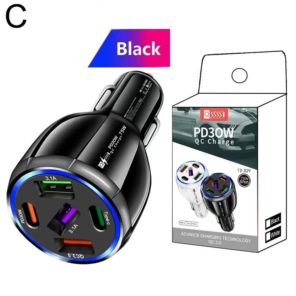 Автомобильное зарядное устройство 5 портов USB Type C 75 Вт PD Зарядное устройство для телефона Quick Charge 3.0 Адаптер питания для быстрой зарядки для iPhone Samsung H U6Q0