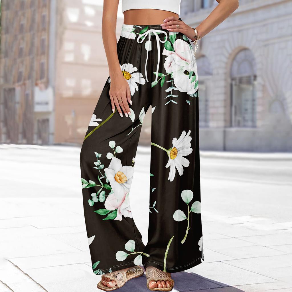Women Summer Boho Palazzo Pants High Waist Wide Leg Rinting Casual Trousers With Pockets