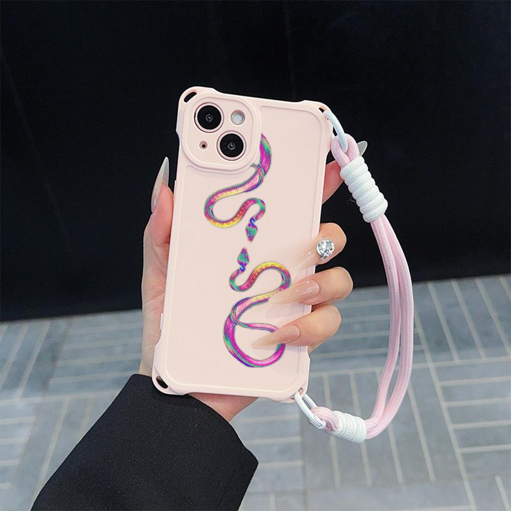 Soft Phone Cases for iPhone 16 15 13 12 11 14 Pro Max 8 Plus Four Corners Anti-Drop Protective Cover Optional Lanyard Rope N73 Black Gold Snake Design