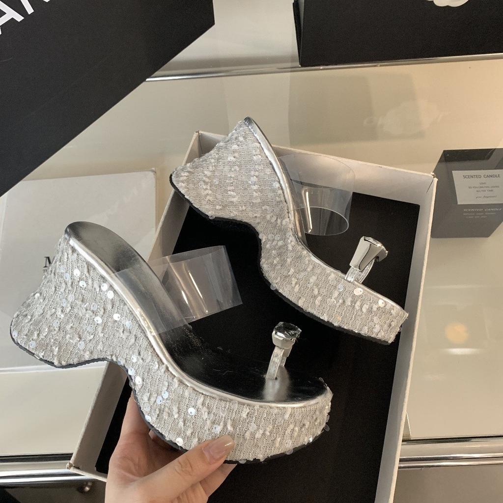 Small Man Heightening Super High Heels Rhinestone Flash Sequins Women's Summer Slope Heel Transparent Muffin Bottom Thick Bottom Cool Slippers