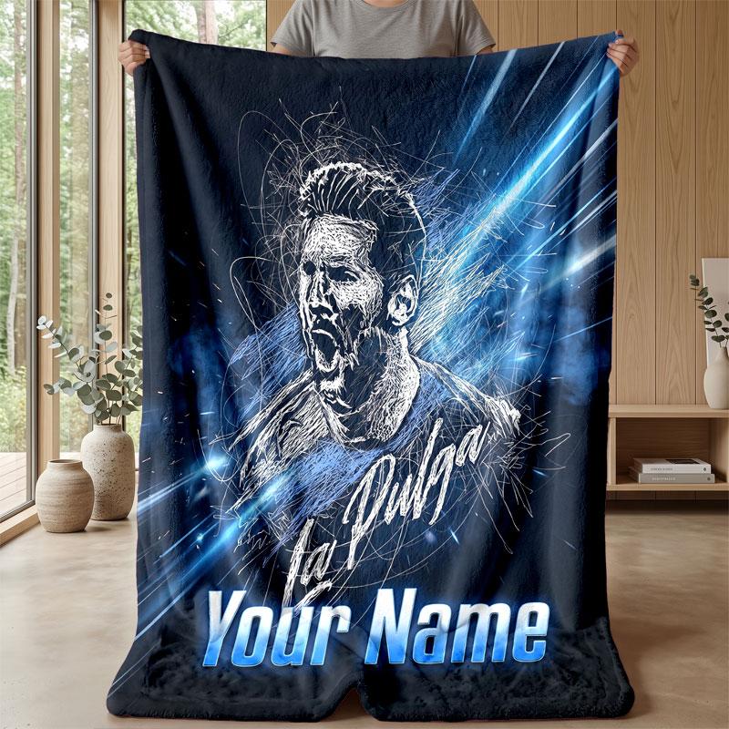 Lionel Messi Custom Name Text Flannel Blanket Soccer Logo Personalized Fleece Throw Blanket Special Gift For Sofa Bedroom Home