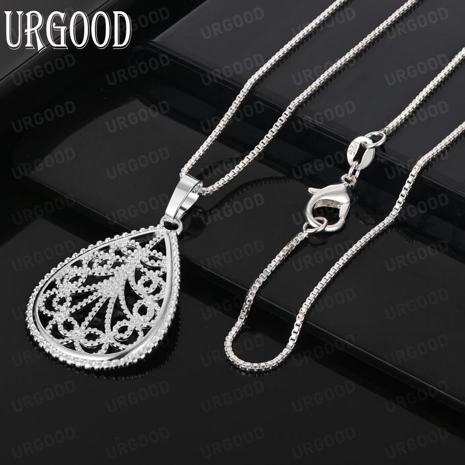 Серебряный кулон-ожерелье 925 пробы, винтажный, с ажурным резным кулоном в форме слезы - Стильное вечернее украшение