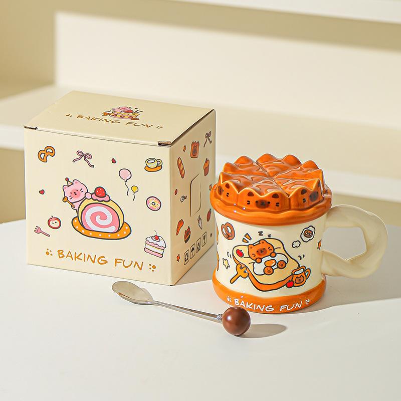 Нарисованная от руки кружка с милым котом «Торт на день рождения», офисная кружка для воды для высокой девушки с крышкой, домашняя парная керамическая кружка