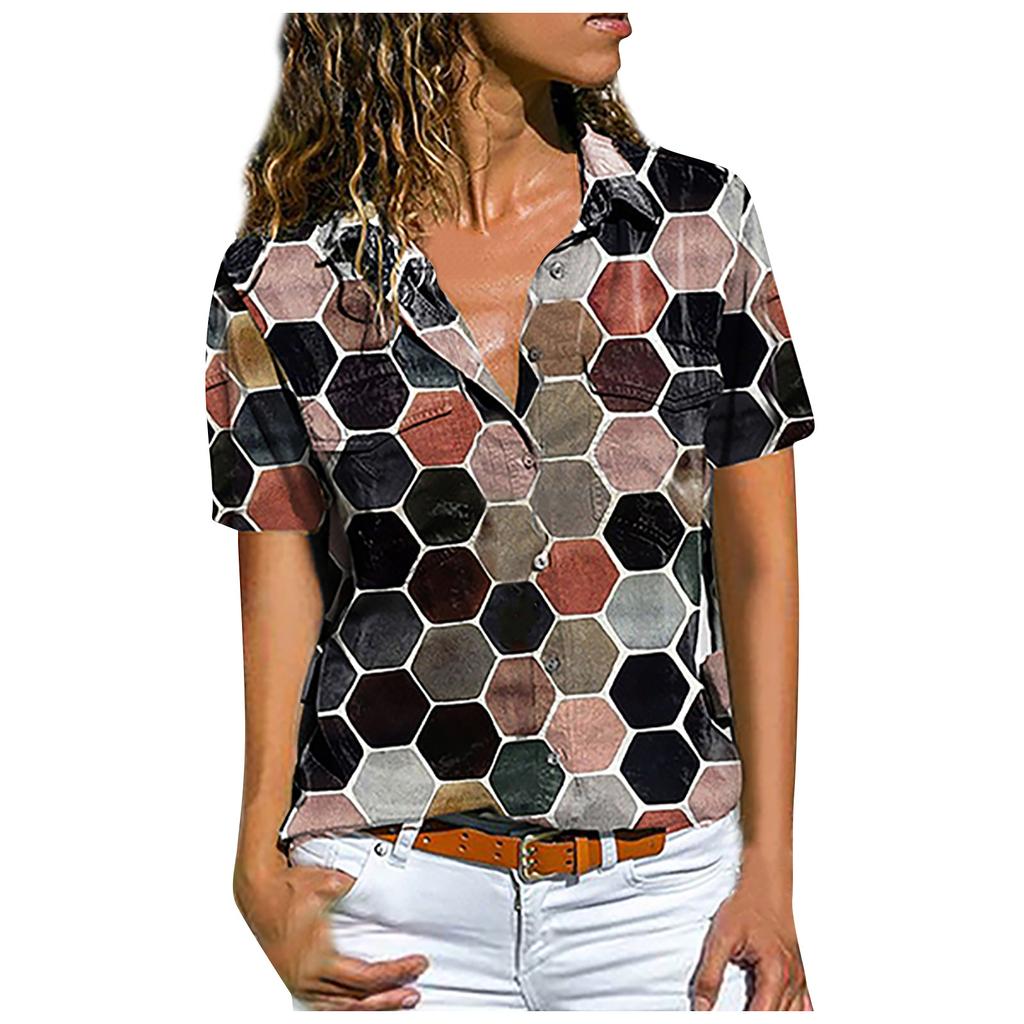Womens Fashion Casual Short Sleeve Print Button V-Neck T-Shirts Tops Blouse