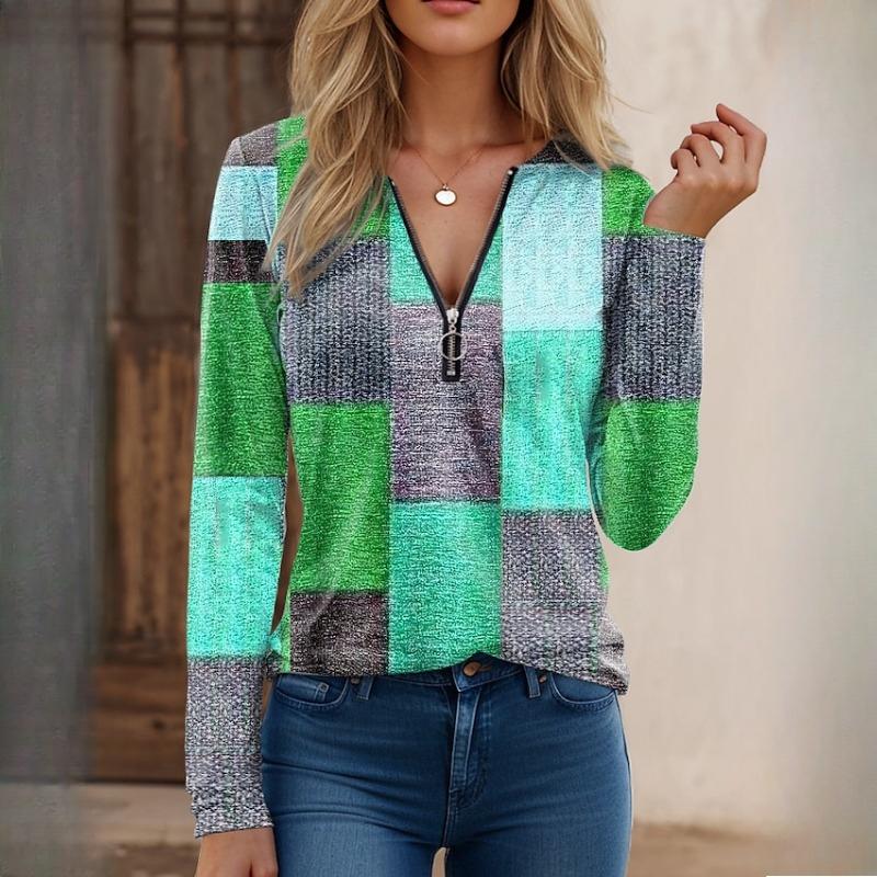 Autumn and Winter Women's Fashion Casual Loose Printed V-Neck Zip Long Sleeve Cashmere T-Shirt