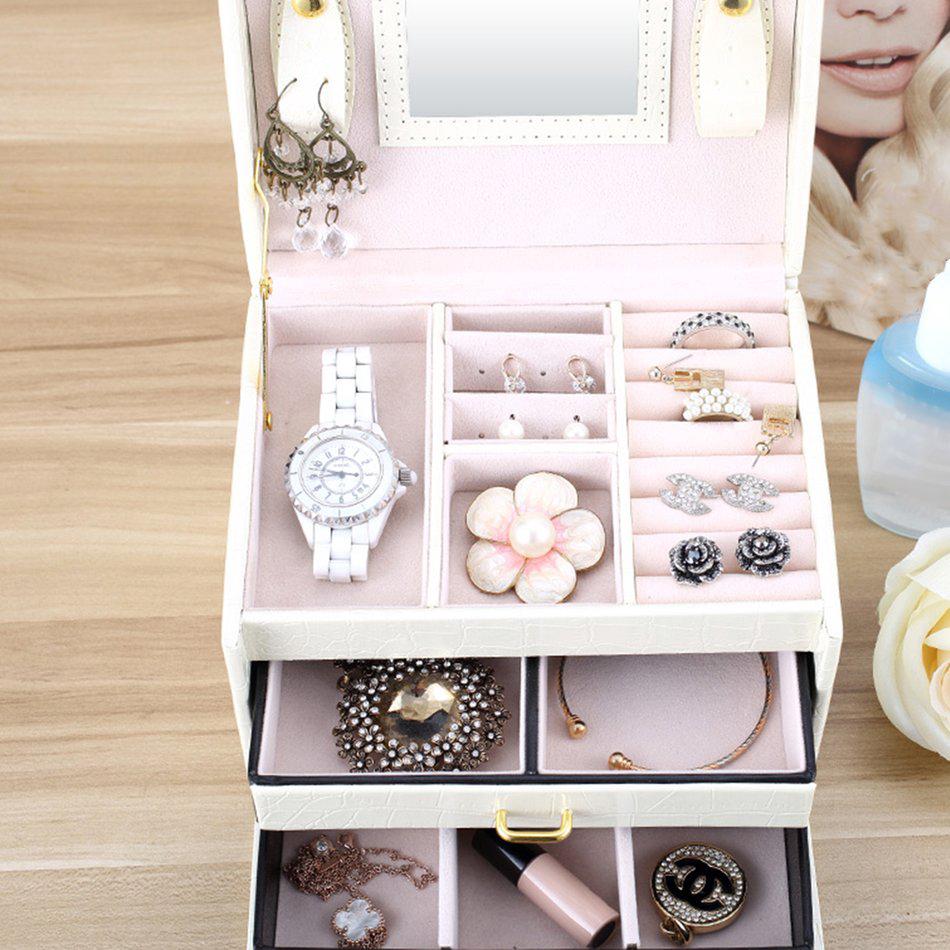 Органайзер для хранения ювелирных изделий из ПУ Трехслойная коробка с двумя ящиками