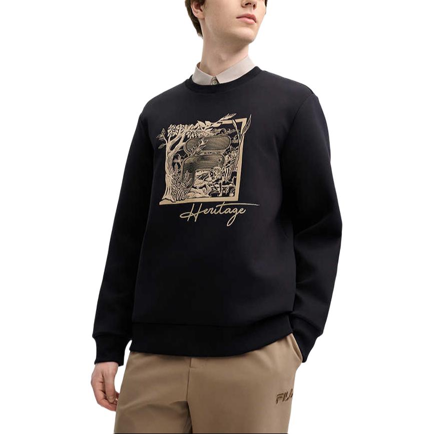 Fila Серия Heritage Толстовка мужская с круглым вырезом и принтом букв, удобная, с длинным рукавом, черная F11M518208F-BK