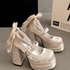 Белые французские туфли на толстом каблуке с ароматом, женские туфли на высоком каблуке 2025 года, новые осенние туфли в стиле ретро с бантом, маленькие кожаные туфли Мэри Джейн