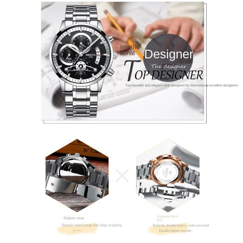 NIBOSI новые мужские часы с твердым стальным ремешком, водонепроницаемые кварцевые часы со стеклом и покрытием, светящиеся в темноте, 3 глаза, 6 контактов