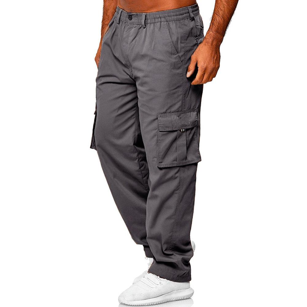 Men Casual Trousers Multi Pocket Cargo Pants Middle Waist Solid Color Loose Clothes Outdoor Sports Long Pants