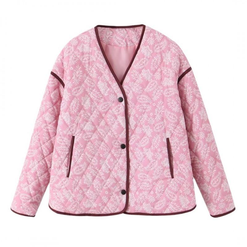Womens Pink V-Neck Printed Loose Casual Cotton Blend Hoodie Jacket Streetwear Style