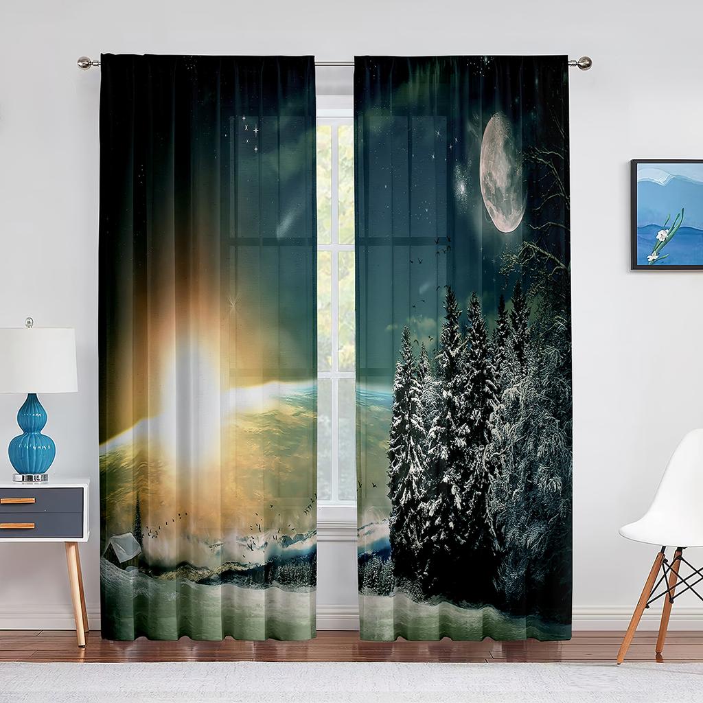 Ночное небо, луна, звезды и лес, озеро, прозрачные вуалевые шторы для спальни, гостиной, кухни, тюлевые шторы, шифоновые оконные шторы
