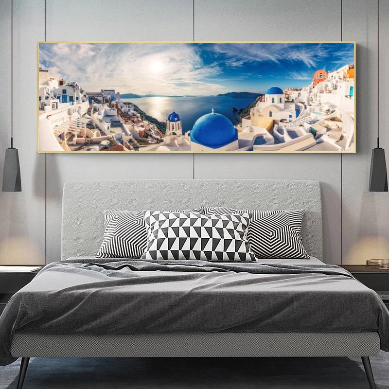 Greek Village Posters Santorini Landscape Painting Canvas Prints Wall Art Pictures for Living Room Sunset Sea Cuadro No Frame
